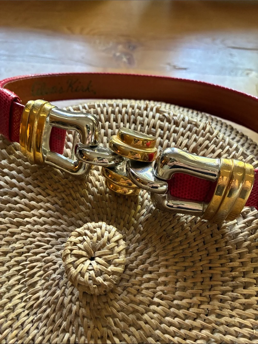 Vintage 80’s Alexis Kirk Red Snakeskin Leather Gold Silver Buckle Leather Belt